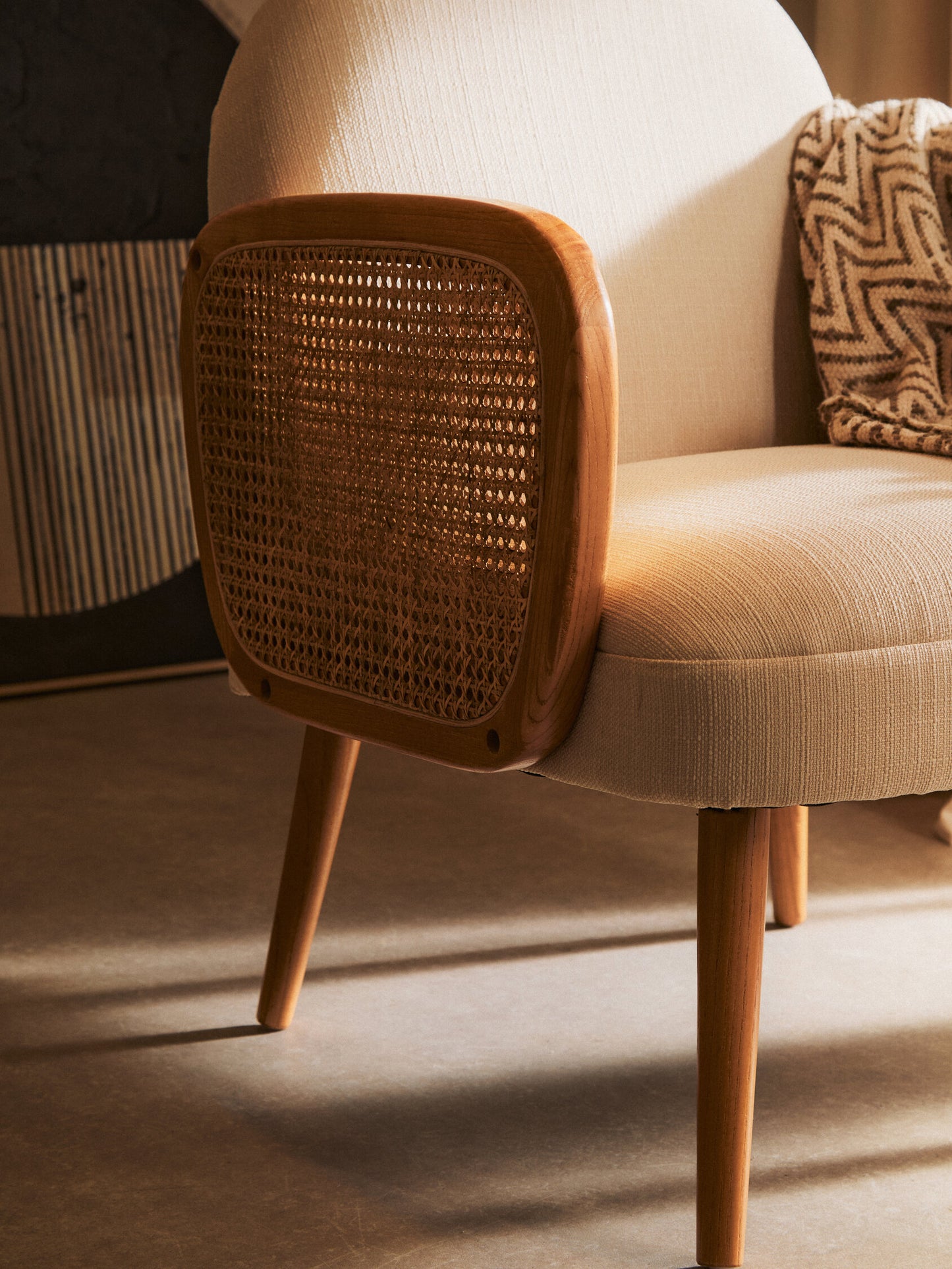 Fiji Ivory Fabric and Cane Armchair with Elm Wood Legs
