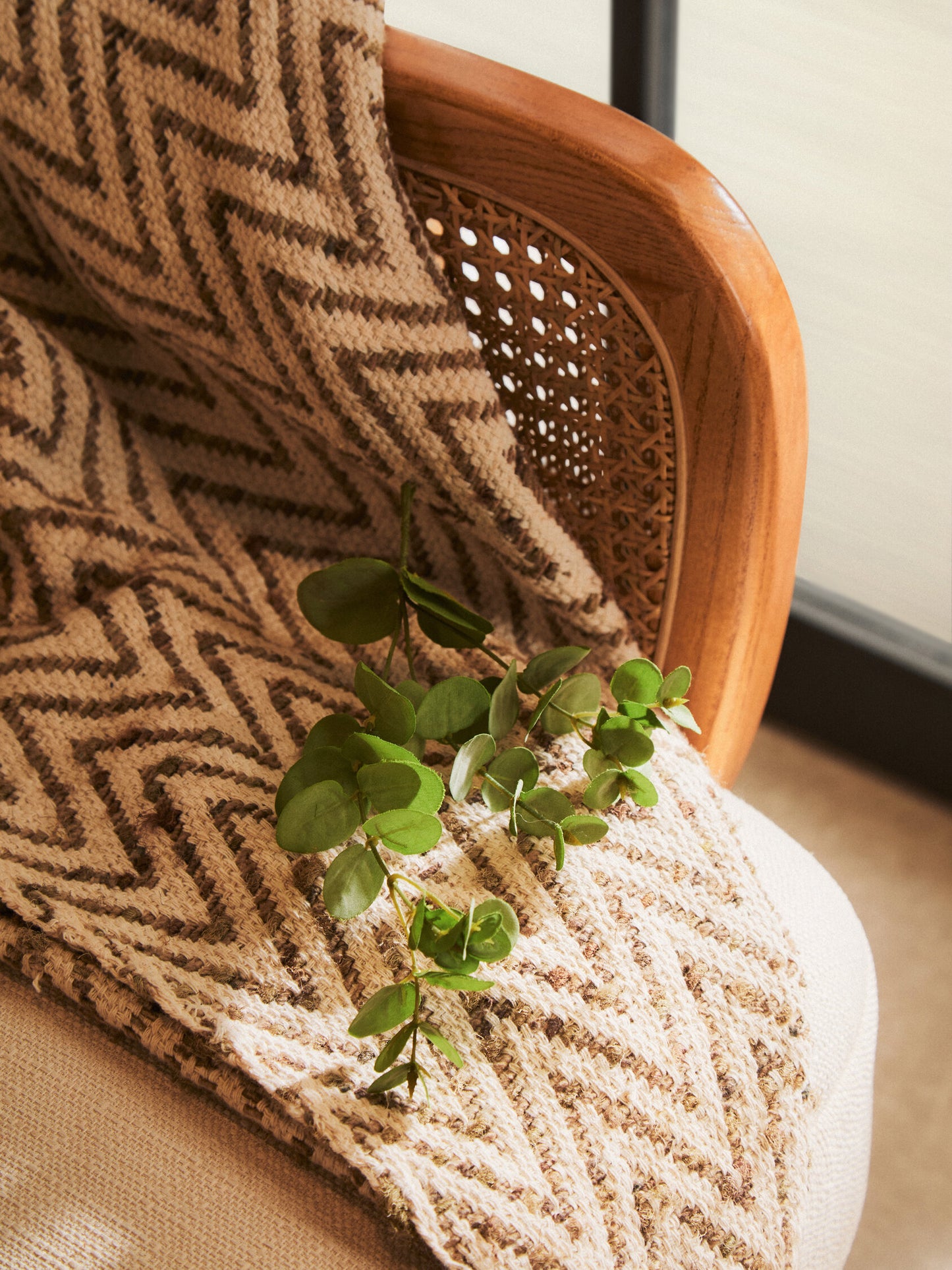 Fiji Ivory Fabric and Cane Armchair with Elm Wood Legs