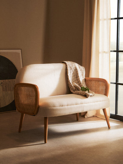 Fiji Ivory Fabric and Cane 2 Seat Sofa with Elm Wood Legs
