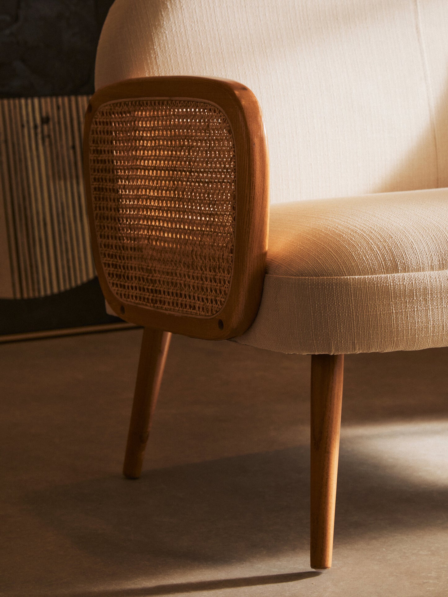 Fiji Ivory Fabric and Cane 2 Seat Sofa with Elm Wood Legs