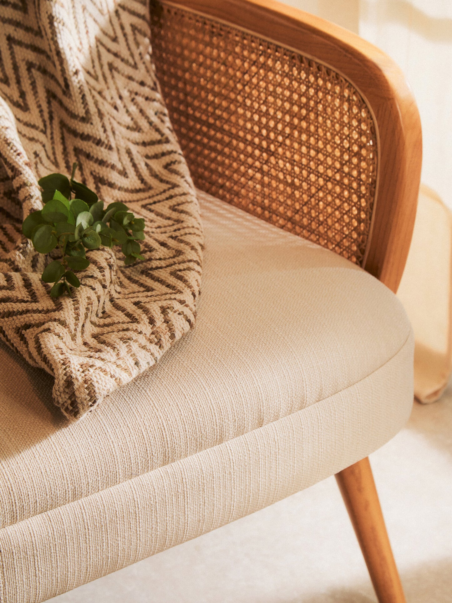 Fiji Ivory Fabric and Cane 2 Seat Sofa with Elm Wood Legs