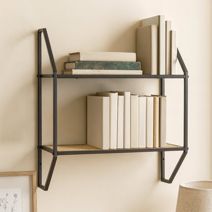 Indy Natural Rattan Industrial Two Tier Wall Shelf