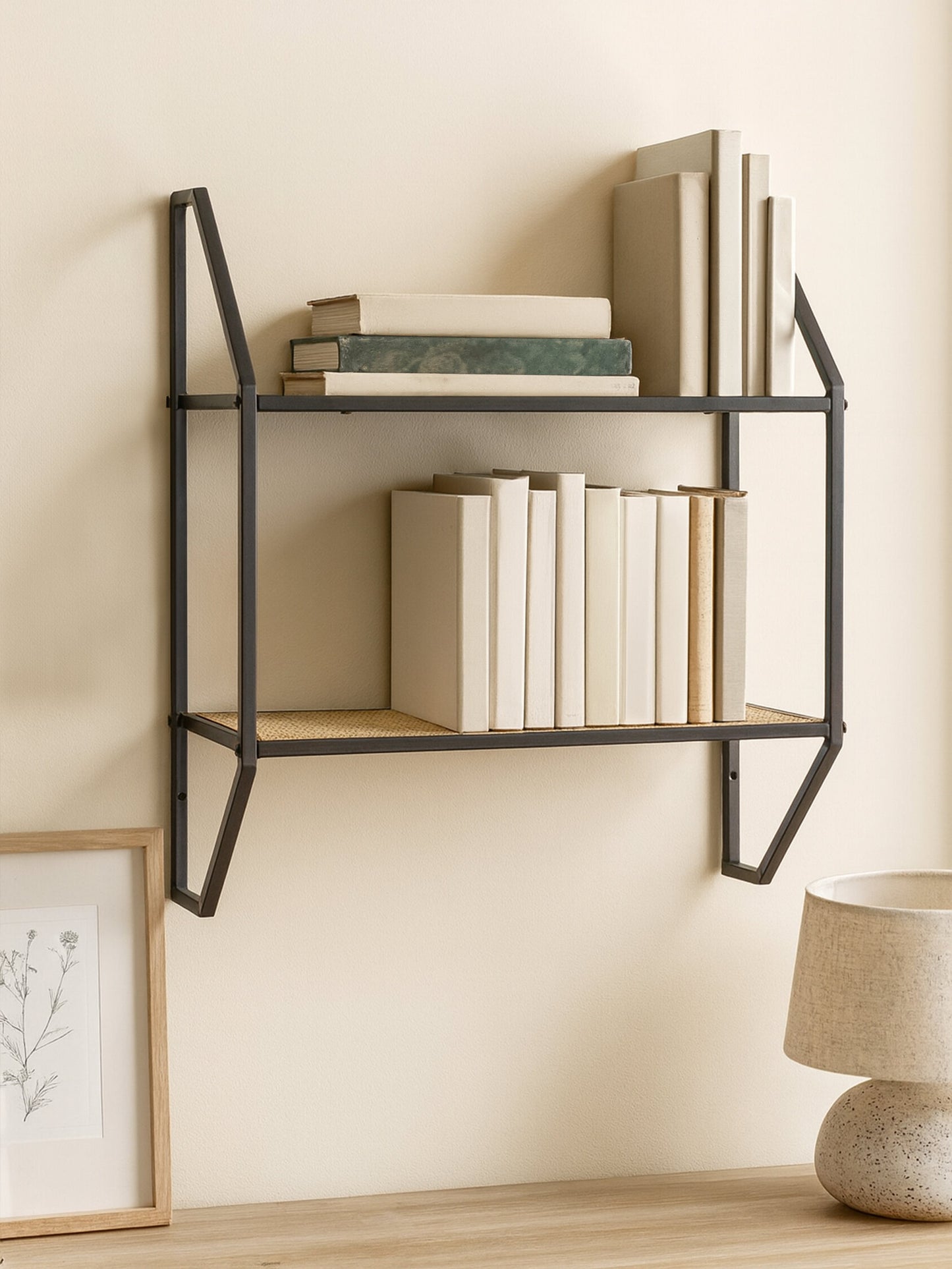 Indy Natural Rattan Industrial Two Tier Wall Shelf