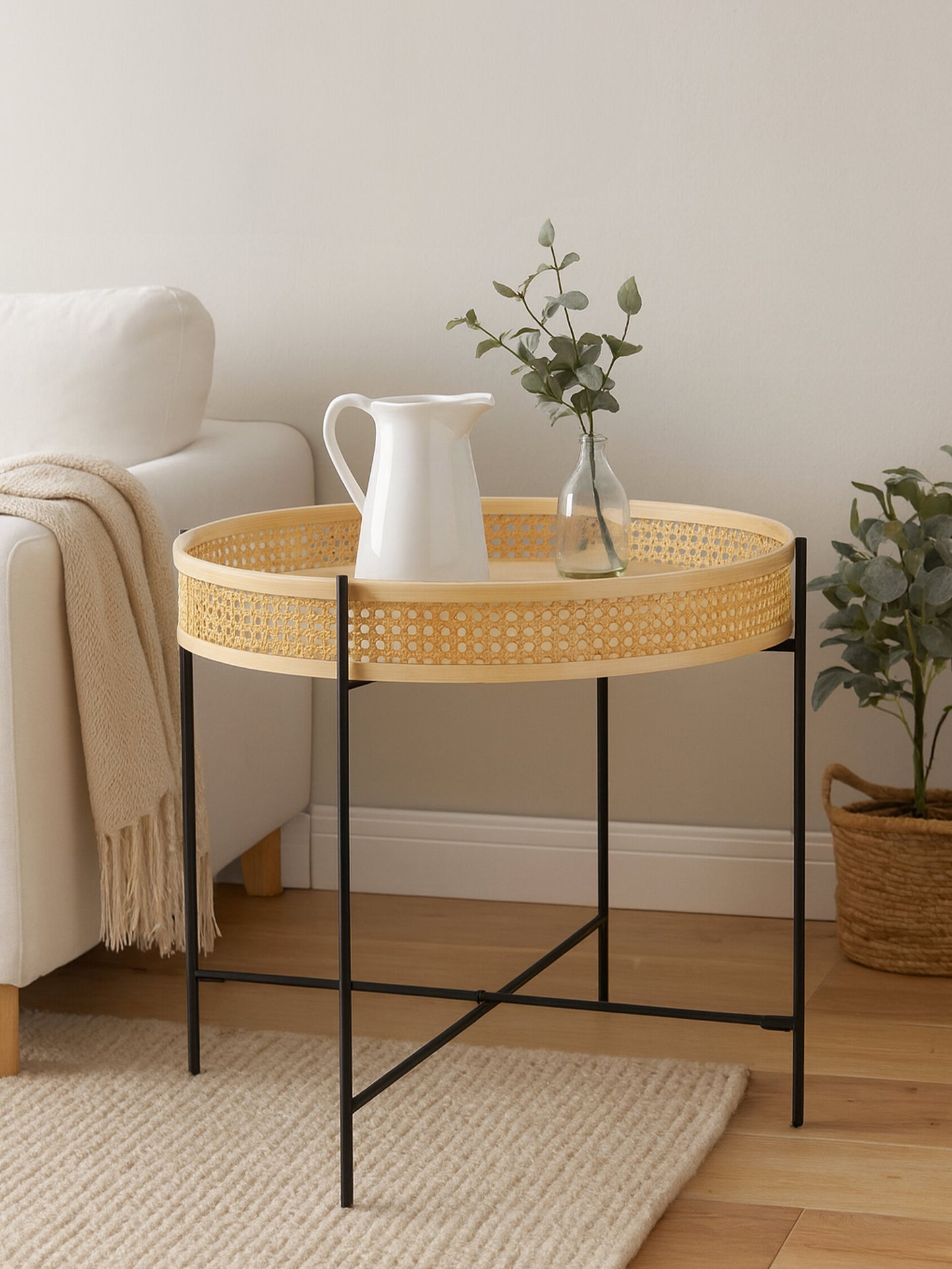 Indy Rattan Coffee Table With Cross Metal Base
