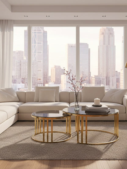 Esmeralda Set of 2 Gold Base and Glass Top Round Nesting Coffee Tables