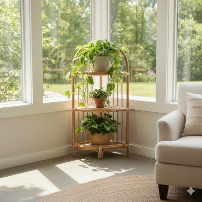 India 3 Tier Natural Rattan Corner Shelf Unit