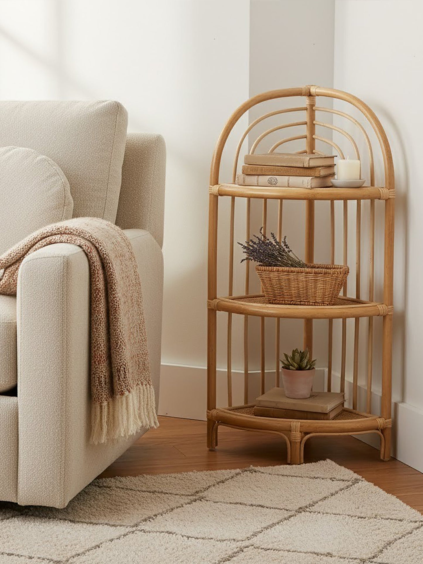 India 3 Tier Natural Rattan Corner Shelf Unit