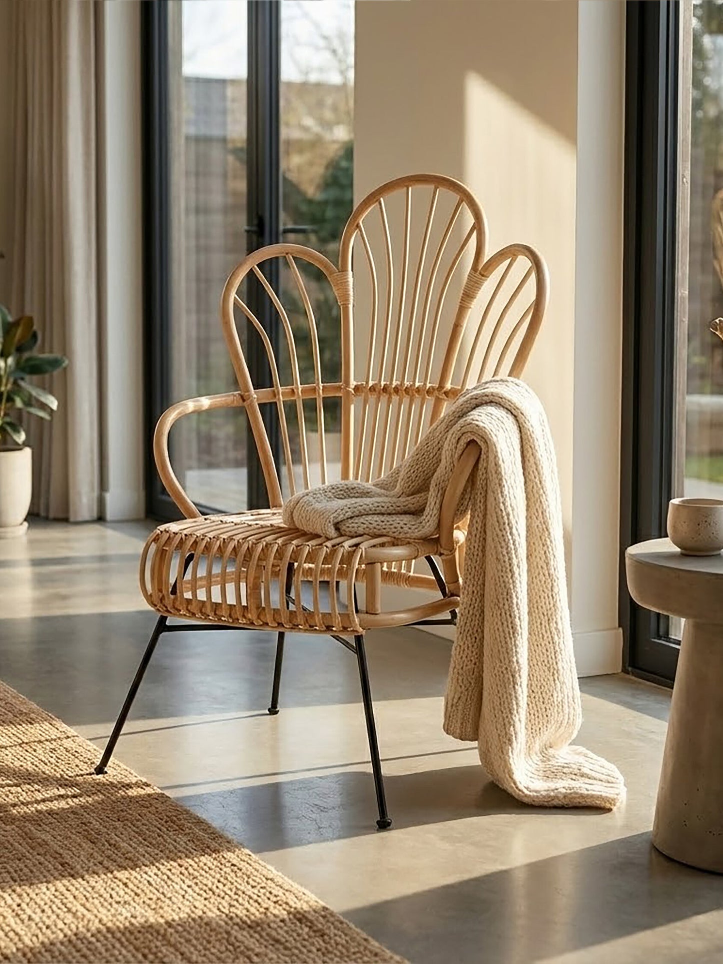 Tropic Natural Rattan And Black Metal Scalloped Back Armchair