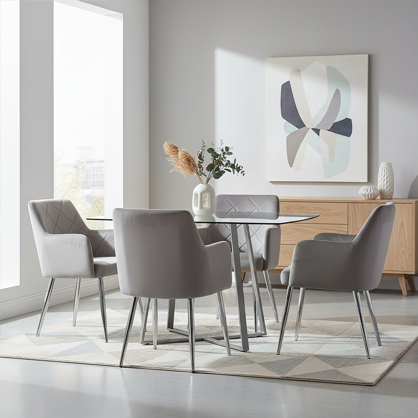 Lorena Mink Velvet Quilted Dining Chair with Chrome Finish Legs