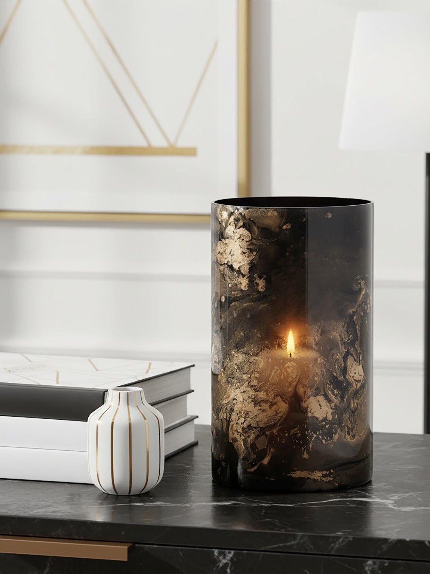 Luxe Decor Large Black Gold Marble Glass Candle Holder