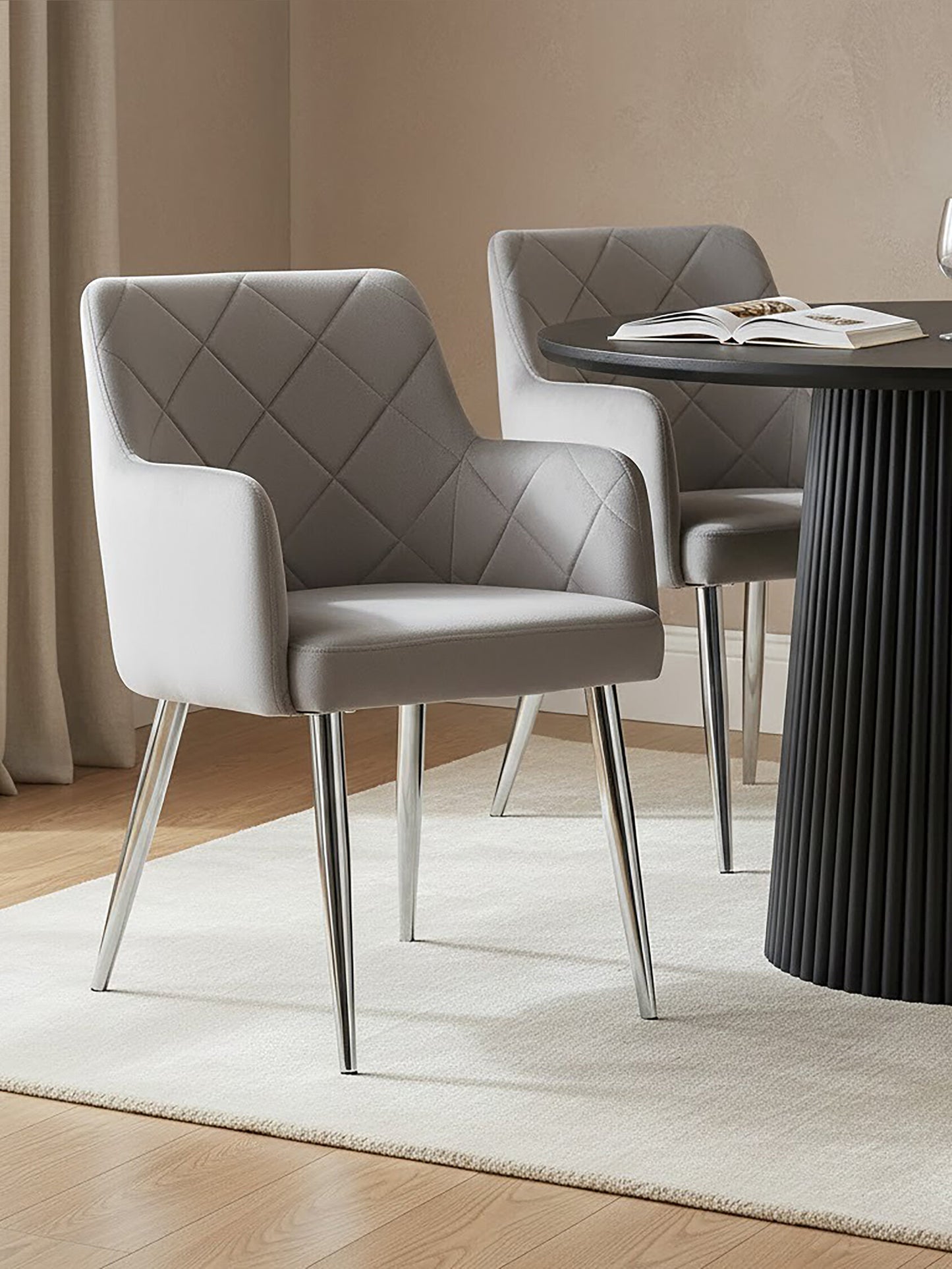 Lorena Mink Velvet Quilted Dining Chair with Chrome Finish Legs