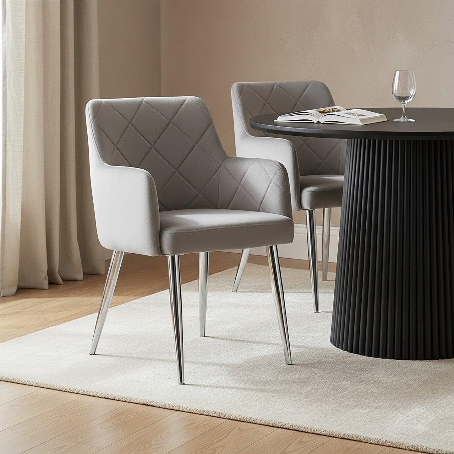Lorena Mink Velvet Quilted Dining Chair with Chrome Finish Legs