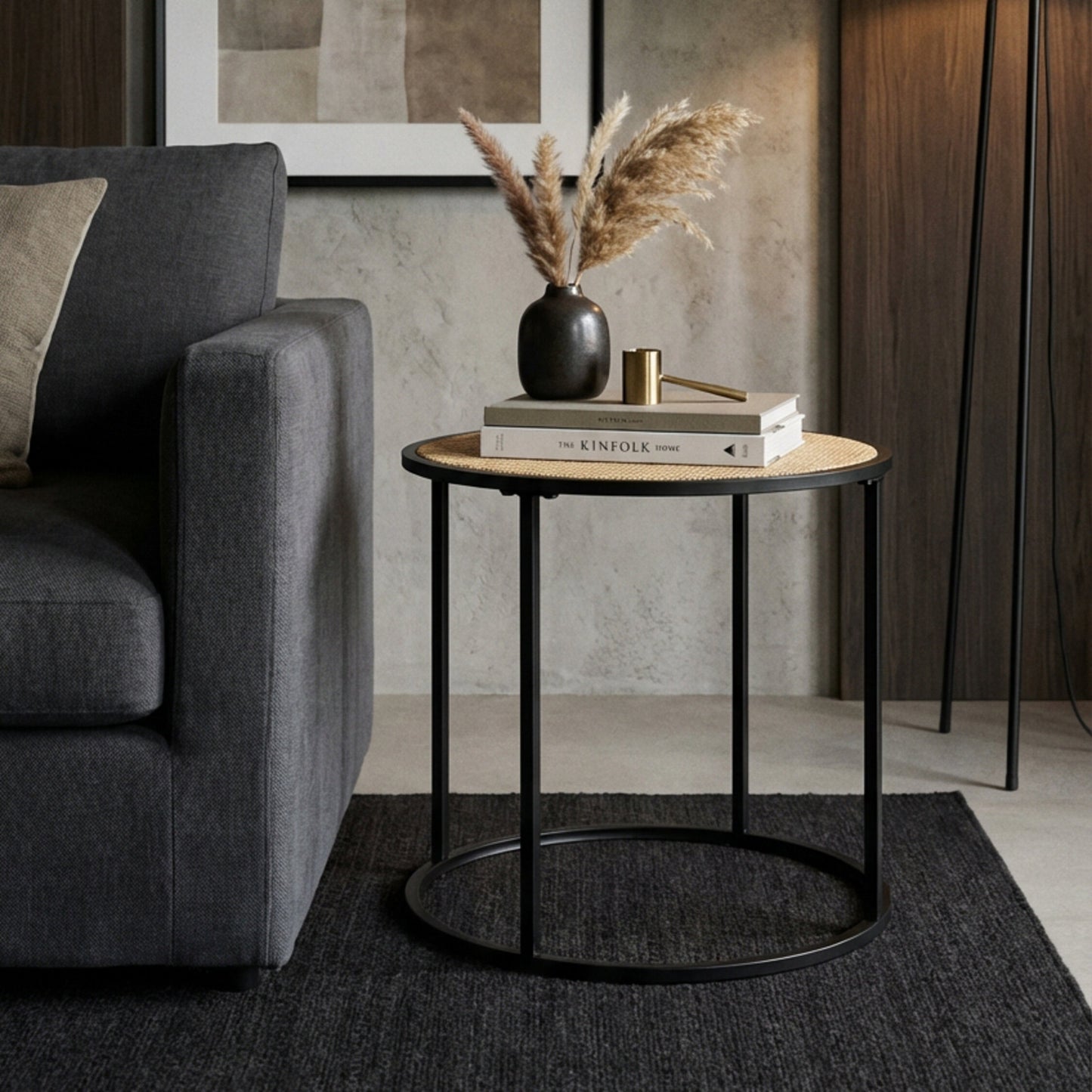 Indy Natural Rattan Industrial Round Side Table