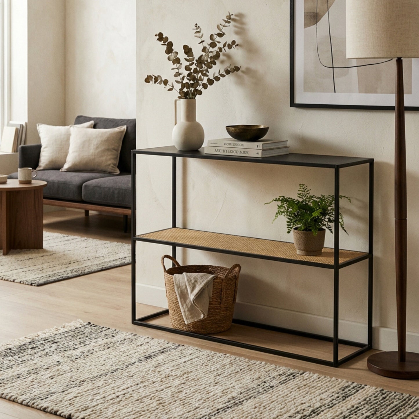 Indy 2 Tier Rattan And Metal Console Table