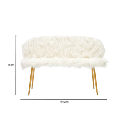 Angelina White Faux Fur 2 Seat Sofa With Gold Finish Legs