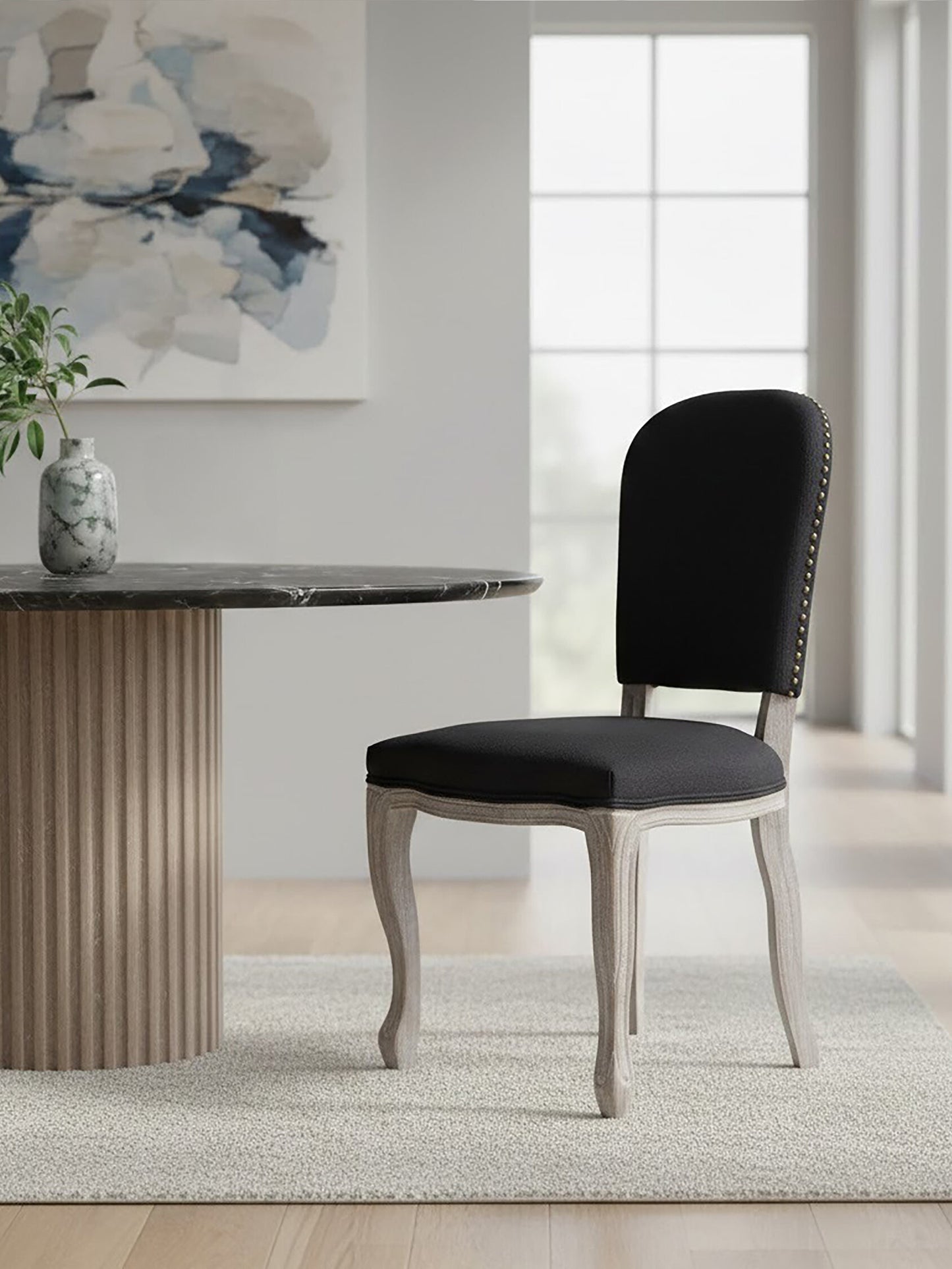 Davenport Black Linen Dining Chair with Antique Wood Legs