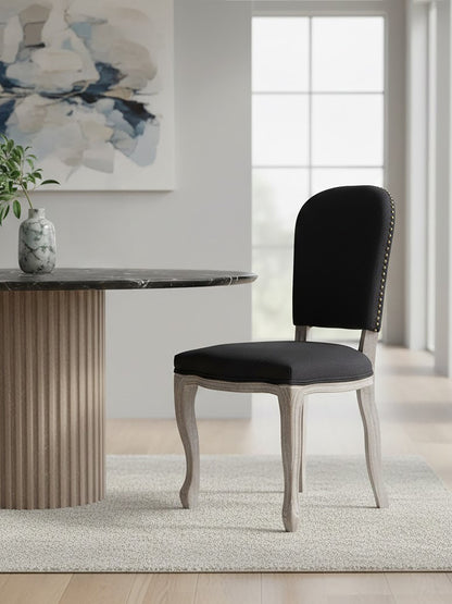 Davenport Black Linen Dining Chair with Antique Wood Legs