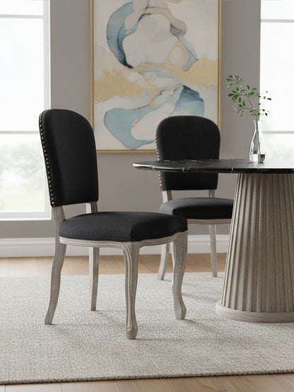 Davenport Black Linen Dining Chair with Antique Wood Legs