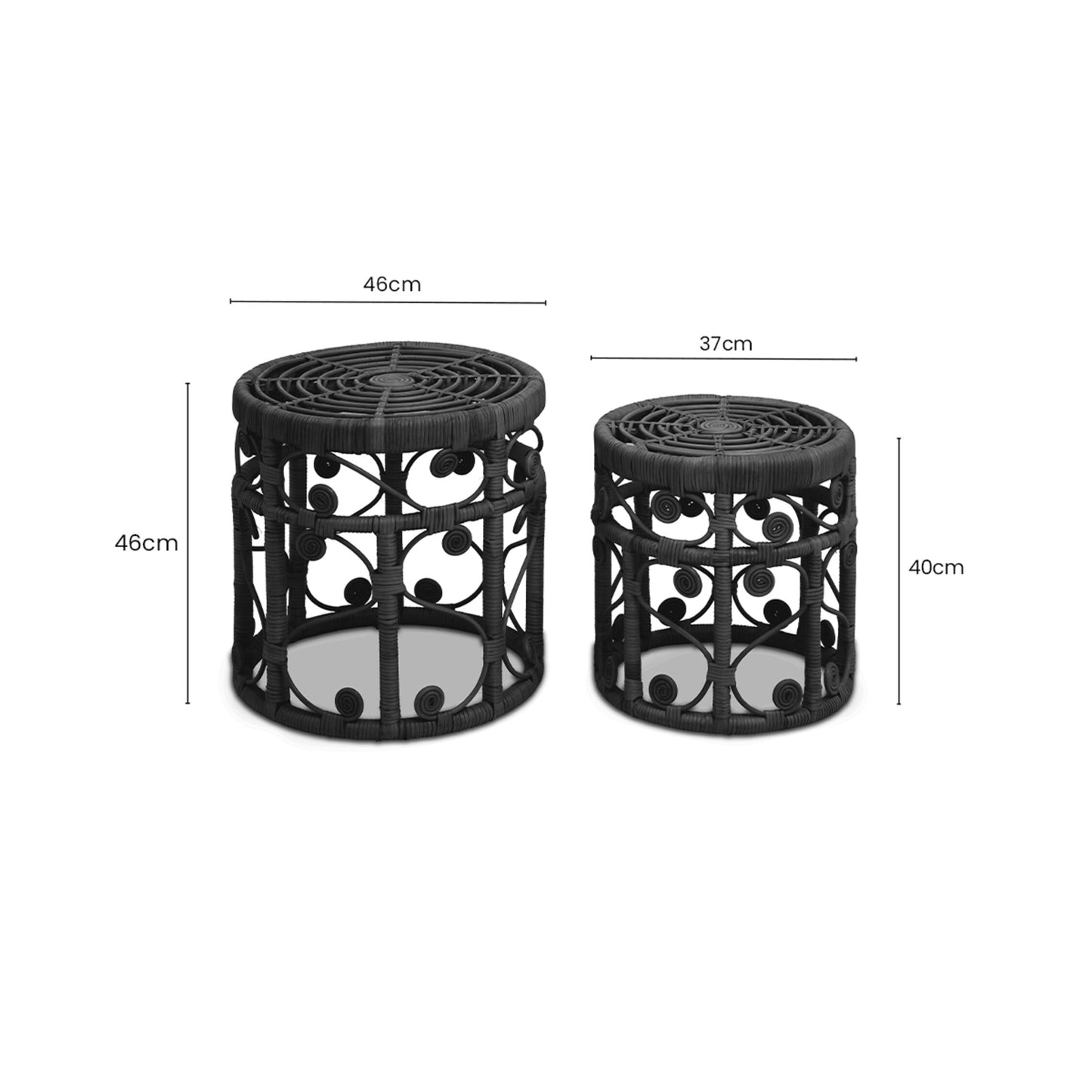 India Set of 2 Black Rattan Boho Side Tables