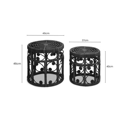 India Set of 2 Black Rattan Boho Side Tables