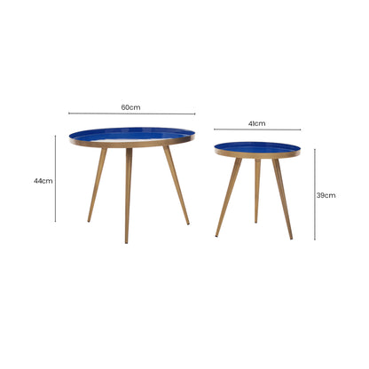 Marina Blue Enamel Gold Nest of Two Side Tables