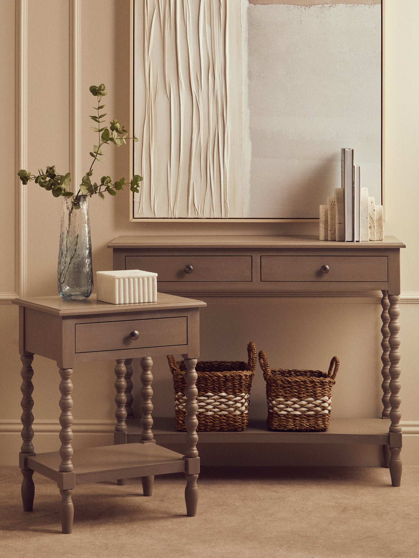 Cambridge Two Drawer Bobble Detail Grey Wooden Console Table | Bali & Blue