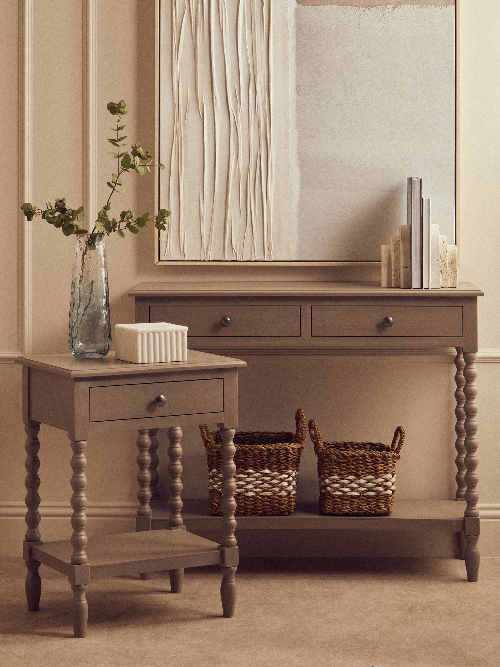 Cambridge Two Drawer Bobble Detail Grey Wooden Console Table | Bali & Blue