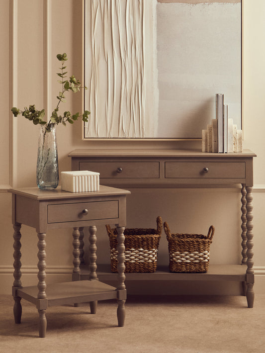 Cambridge Two Drawer Bobble Detail Grey Wooden Console Table | Bali & Blue