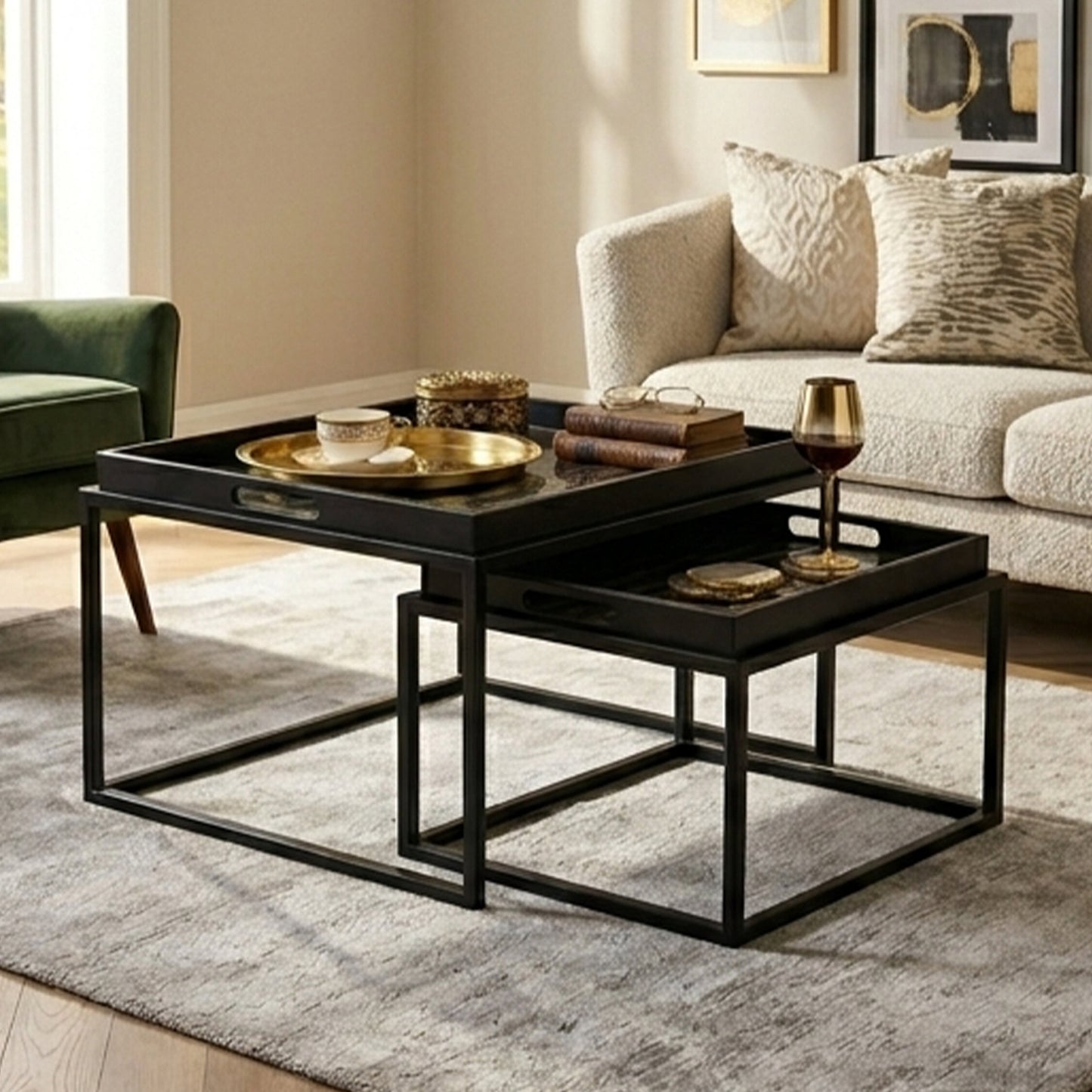 Renatta Black and Gold Set Of 2 Nesting Tray Tables