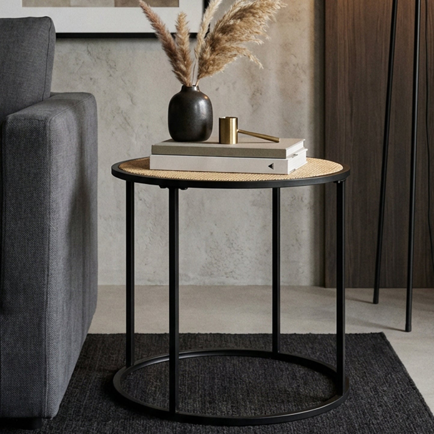 Indy Natural Rattan Industrial Round Side Table