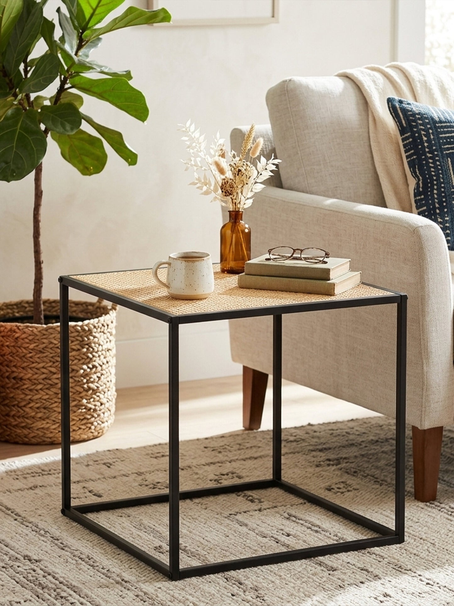 Indy Natural Rattan Industrial Square Side Table