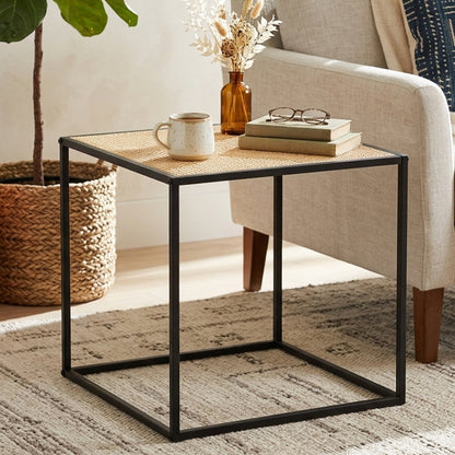 Indy Natural Rattan Industrial Square Side Table