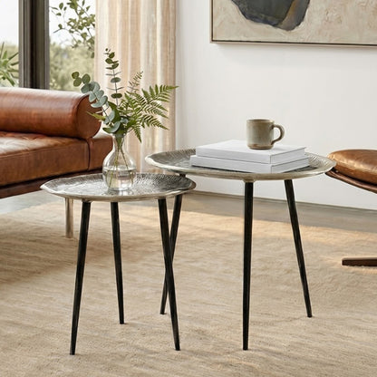 Rena Set Of Two Oak Effect Silver Top Side Tables