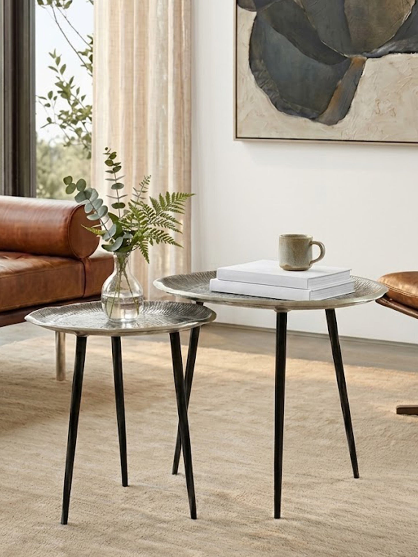 Rena Set Of Two Oak Effect Silver Top Side Tables
