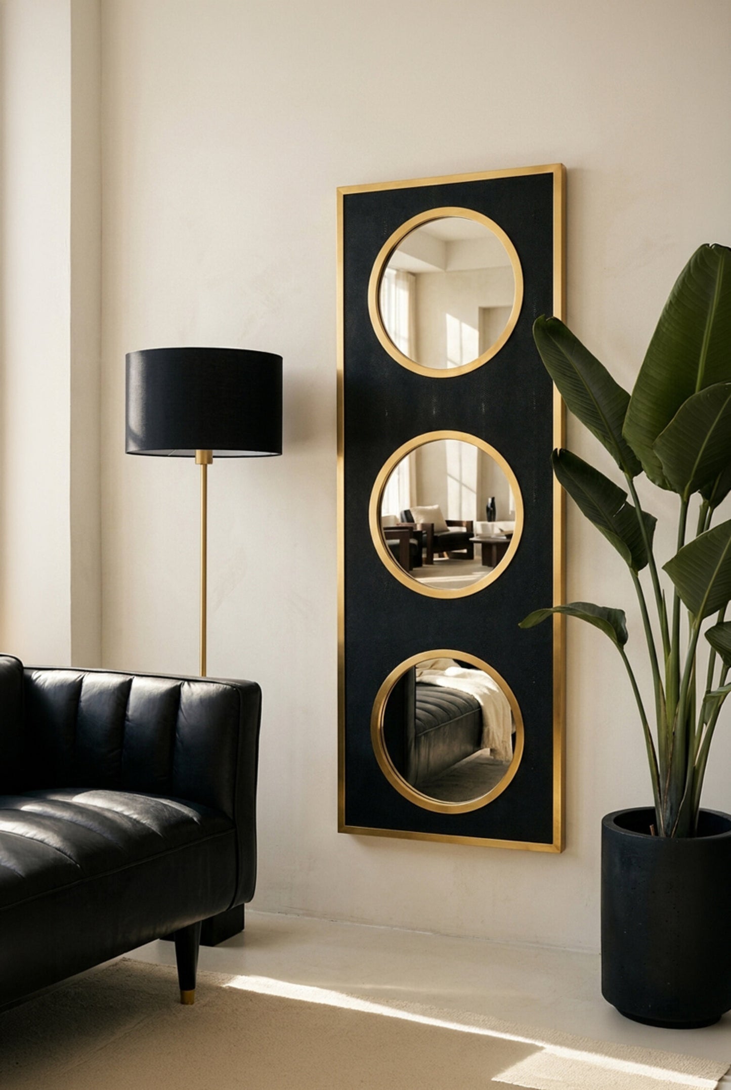 Madonnna Black Shagreen Gold Modern Wall Mirror