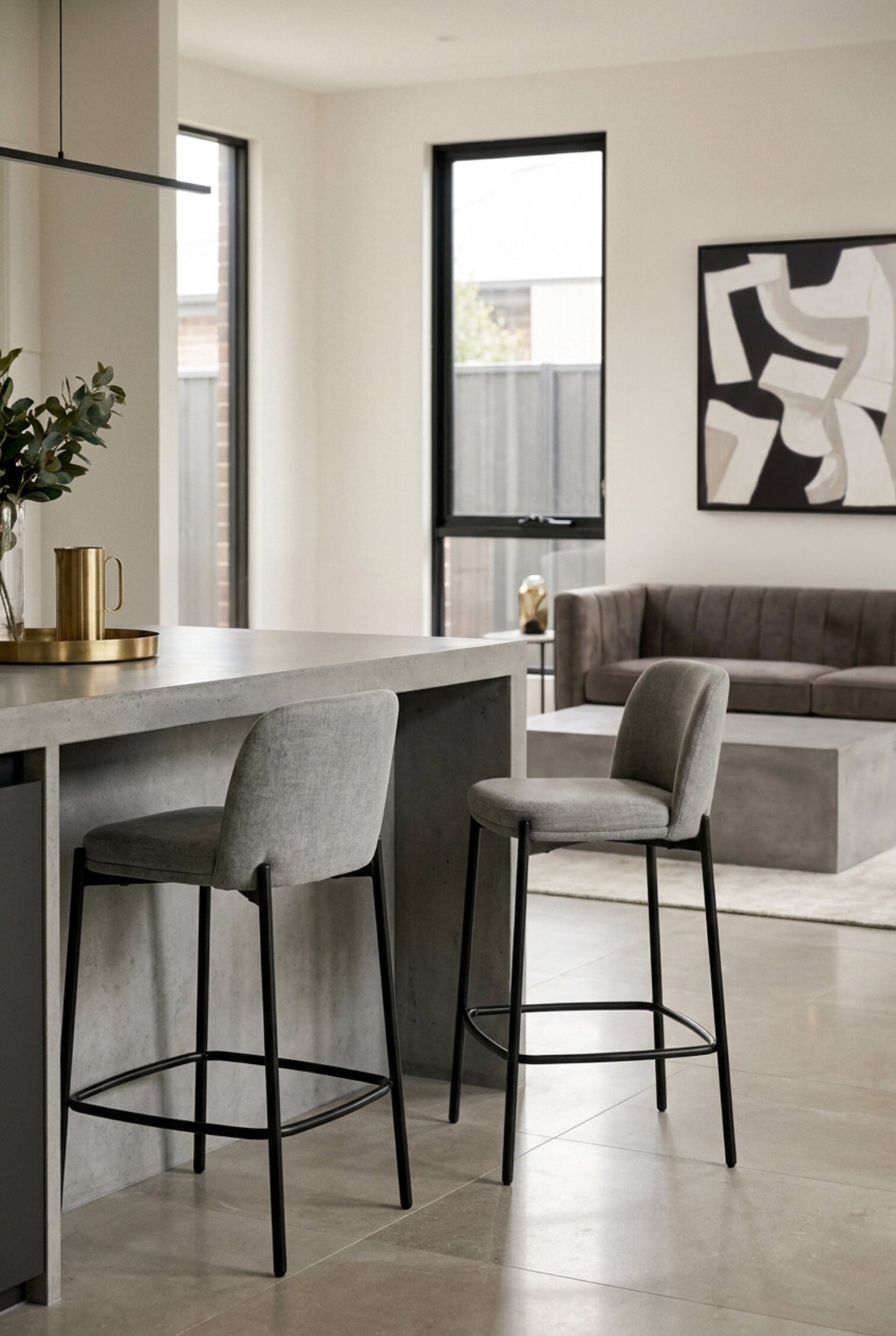 Arden Set of 2 Light Grey Textured Fabric Bar Stools with Black Legs
