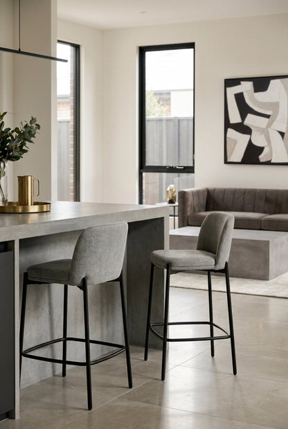 Arden Set of 2 Light Grey Textured Fabric Bar Stools with Black Legs