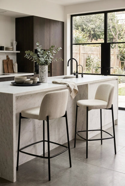 Arden Set of 2 Beige Textured Fabric Bar Stools with Black Legs
