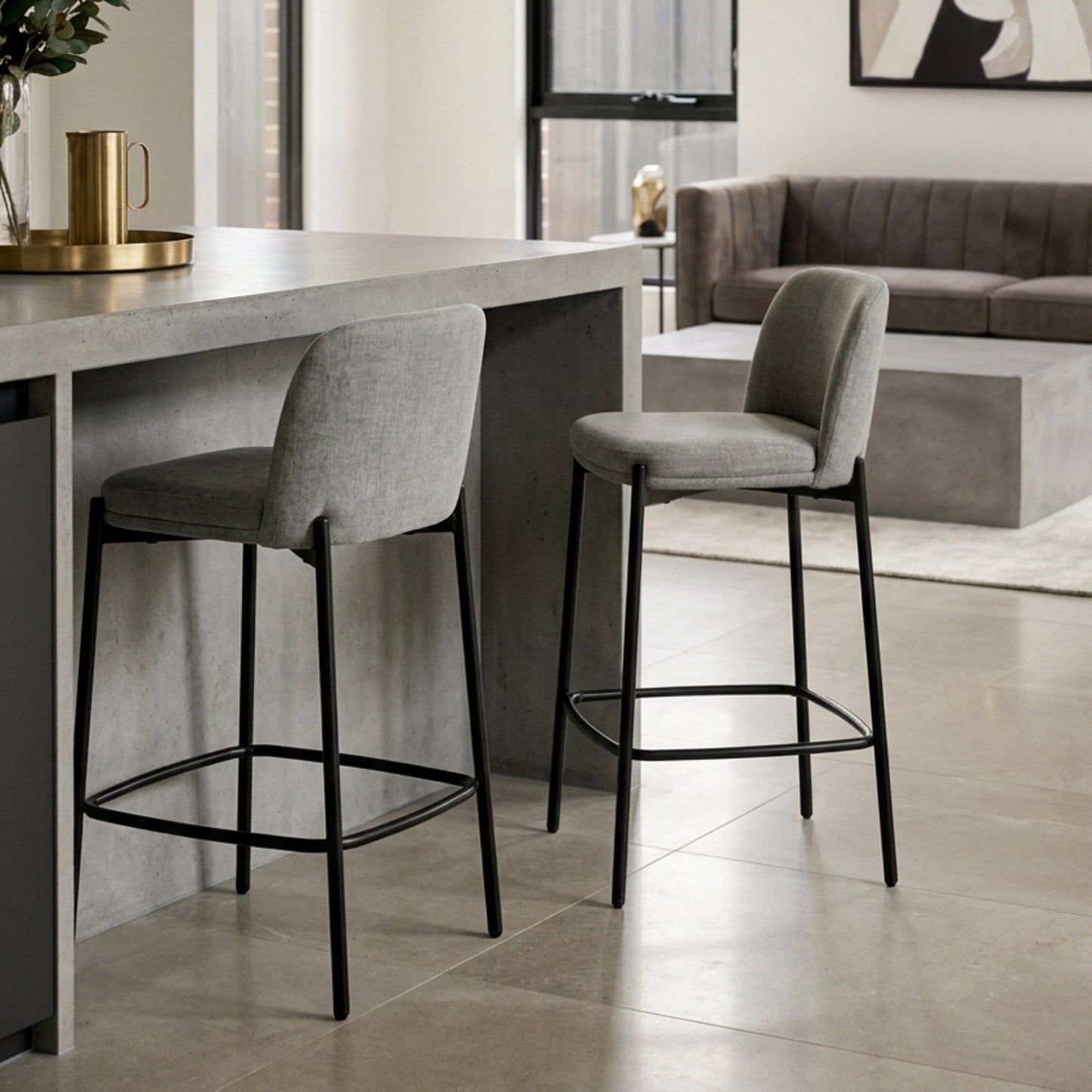 Arden Set of 2 Light Grey Textured Fabric Bar Stools with Black Legs