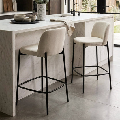 Arden Set of 2 Beige Textured Fabric Bar Stools with Black Legs