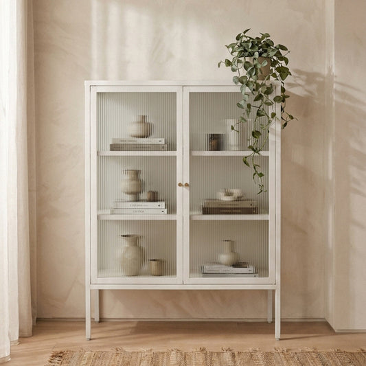 Hudson Warm White Metal and Fluted Glass Door Cabinet