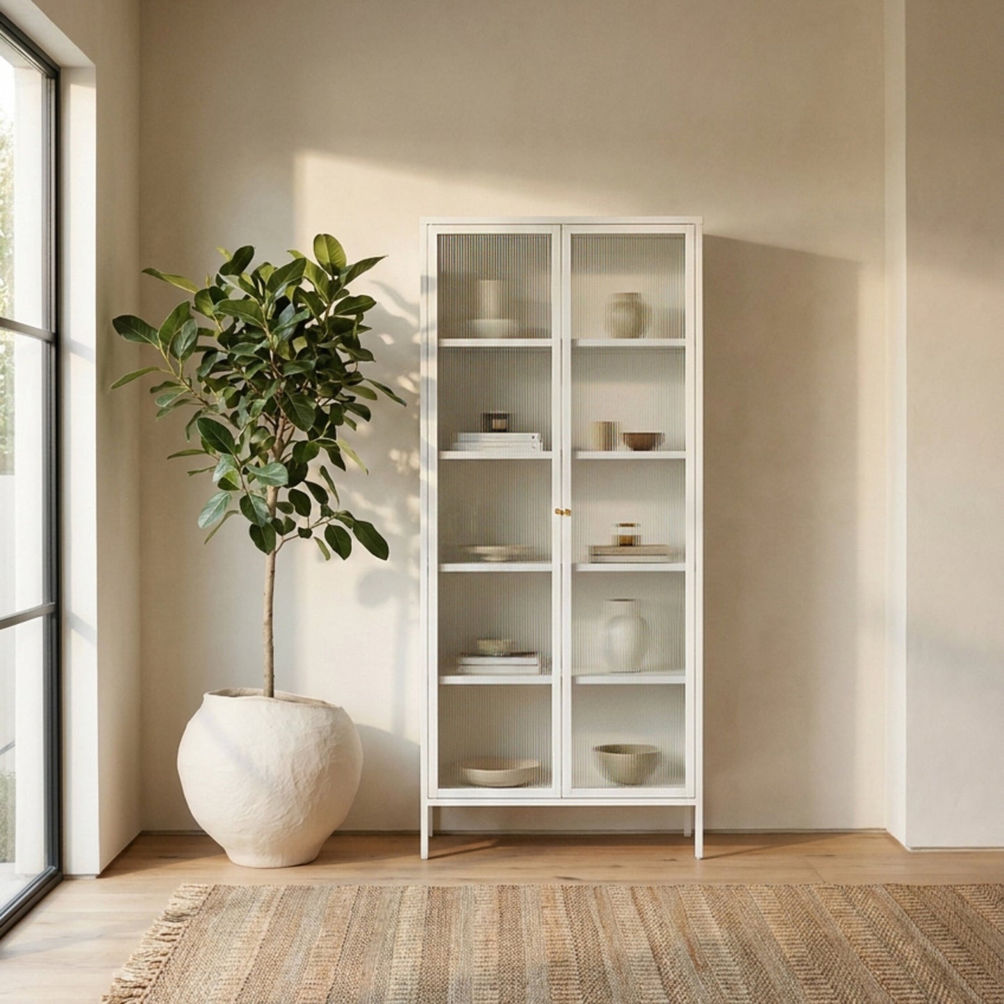 Hudson Luxe Warm White Metal Fluted Glass Door Tall Cabinet