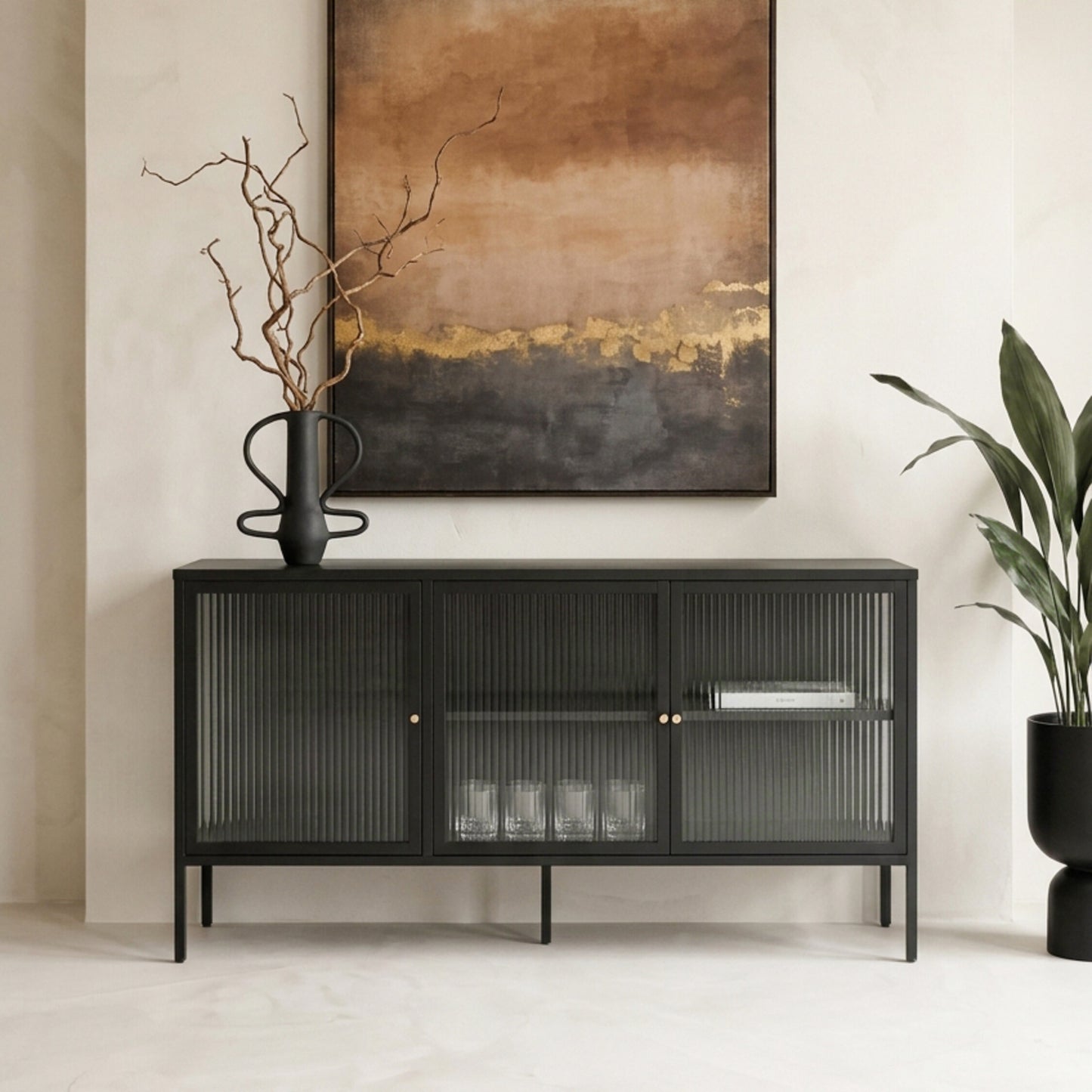 Hudson Industrial Black Metal and Fluted Glass Door Sideboard