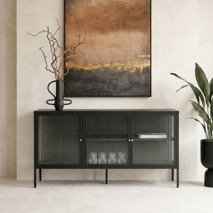 Hudson Industrial Black Metal and Fluted Glass Door Sideboard