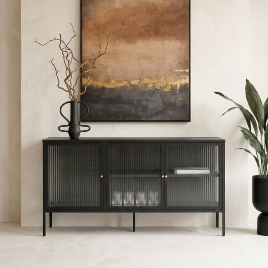 Hudson Industrial Black Metal and Fluted Glass Door Sideboard