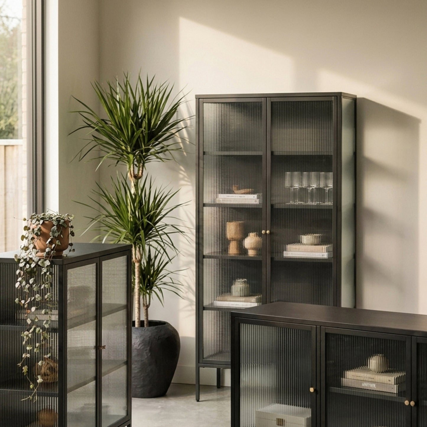Hudson Industrial Black Metal and Fluted Glass Door Sideboard