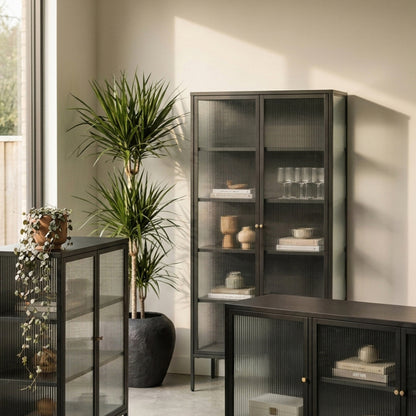 Hudson Industrial Black Metal and Fluted Glass Door Sideboard