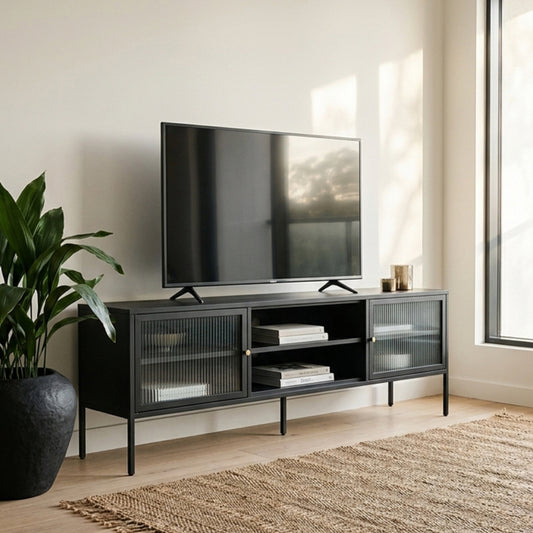 Hudson Black Metal and Fluted Glass Door TV/Media Unit