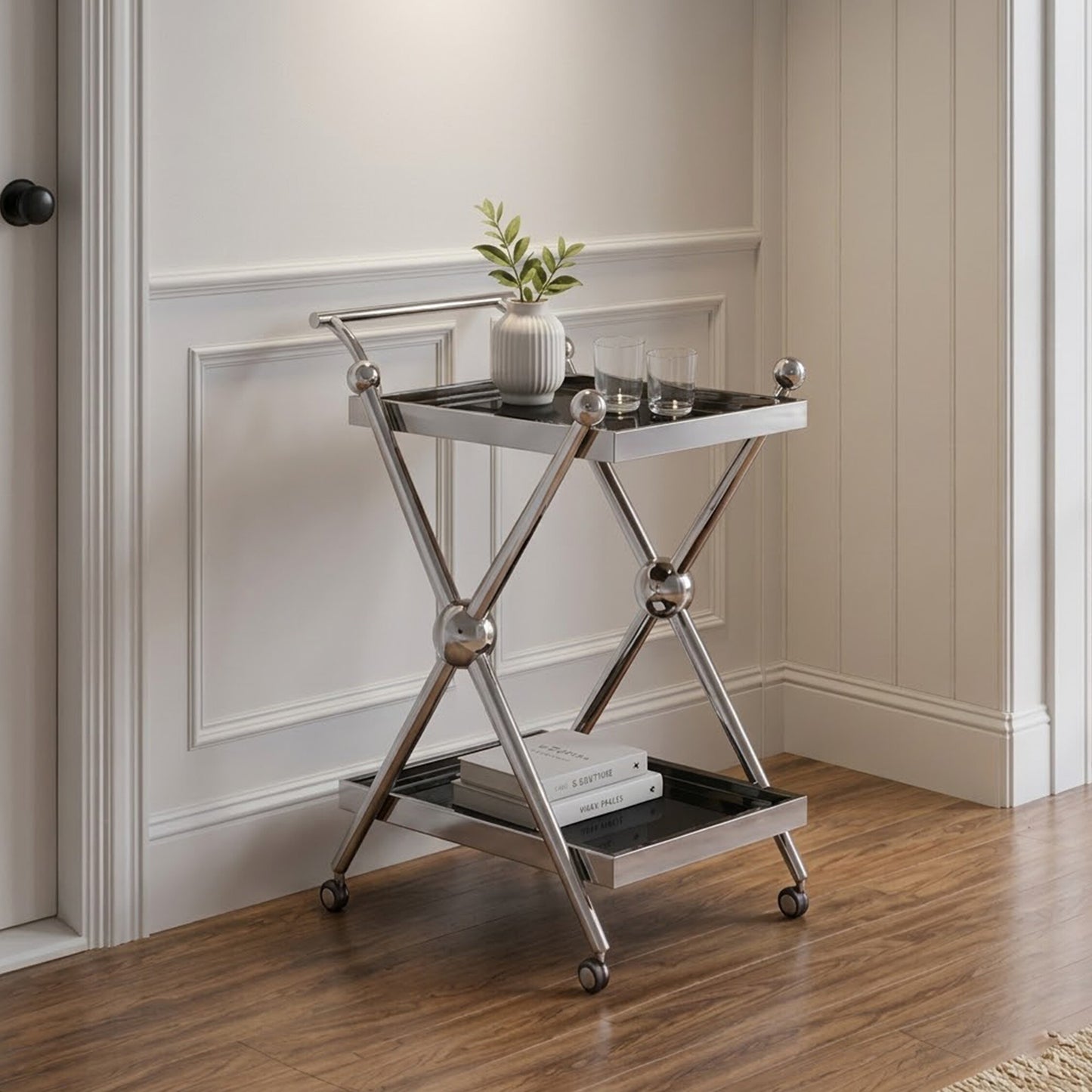 Valrez 2-Tier Silver Cross-Design Bar Cart