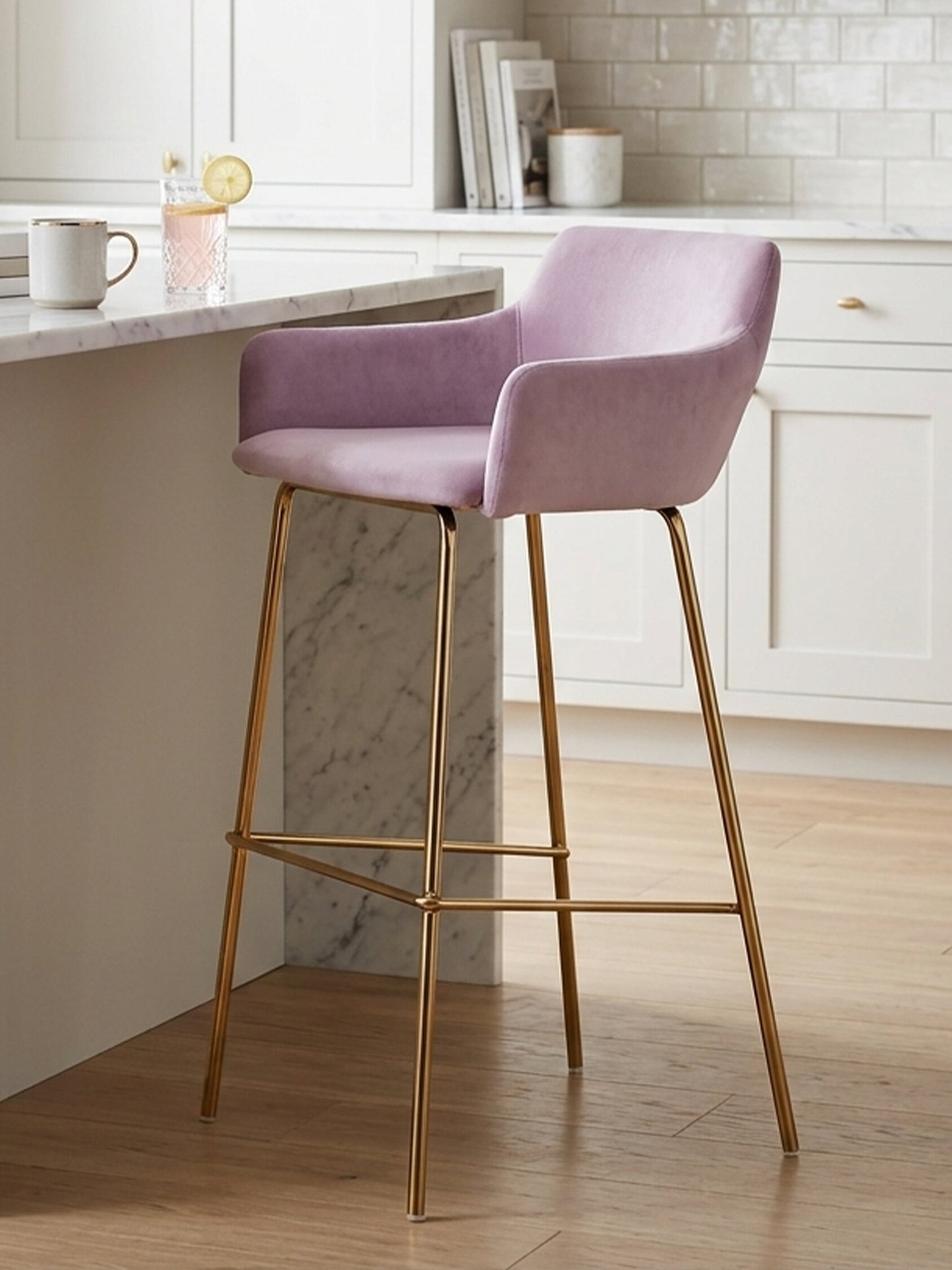 Lorena Pink Velvet Low Back Gold Bar Stool